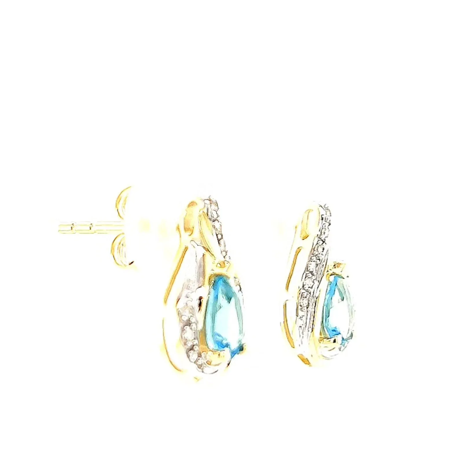 9ct Yellow Gold Pear Cut6x4 mm Blue Topaz Diamond Set Stud Earrings