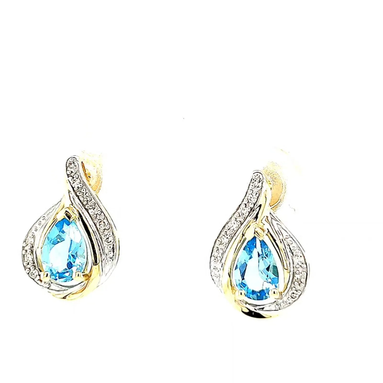 9ct Yellow Gold Pear Cut6x4 mm Blue Topaz Diamond Set Stud Earrings