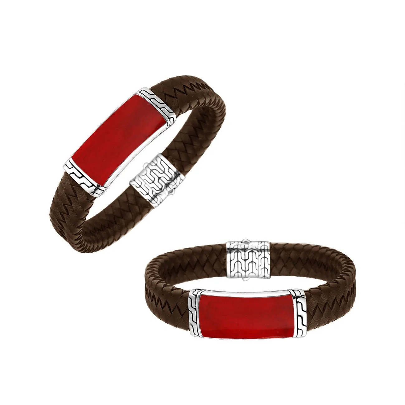 AB-1135-LT-BRW-CR Sterling Silver Bracelet With Brown Leather & Coral