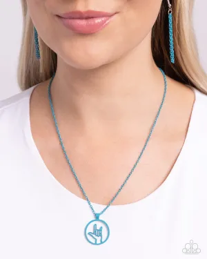 Abstract ASL - Blue - Metallic "I Love You" Sign Paparazzi Short Necklace