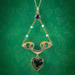 Antique Arts And Crafts Suffragette Heart Pendant Necklace 9ct Gold Rolason Brothers Dated 1912