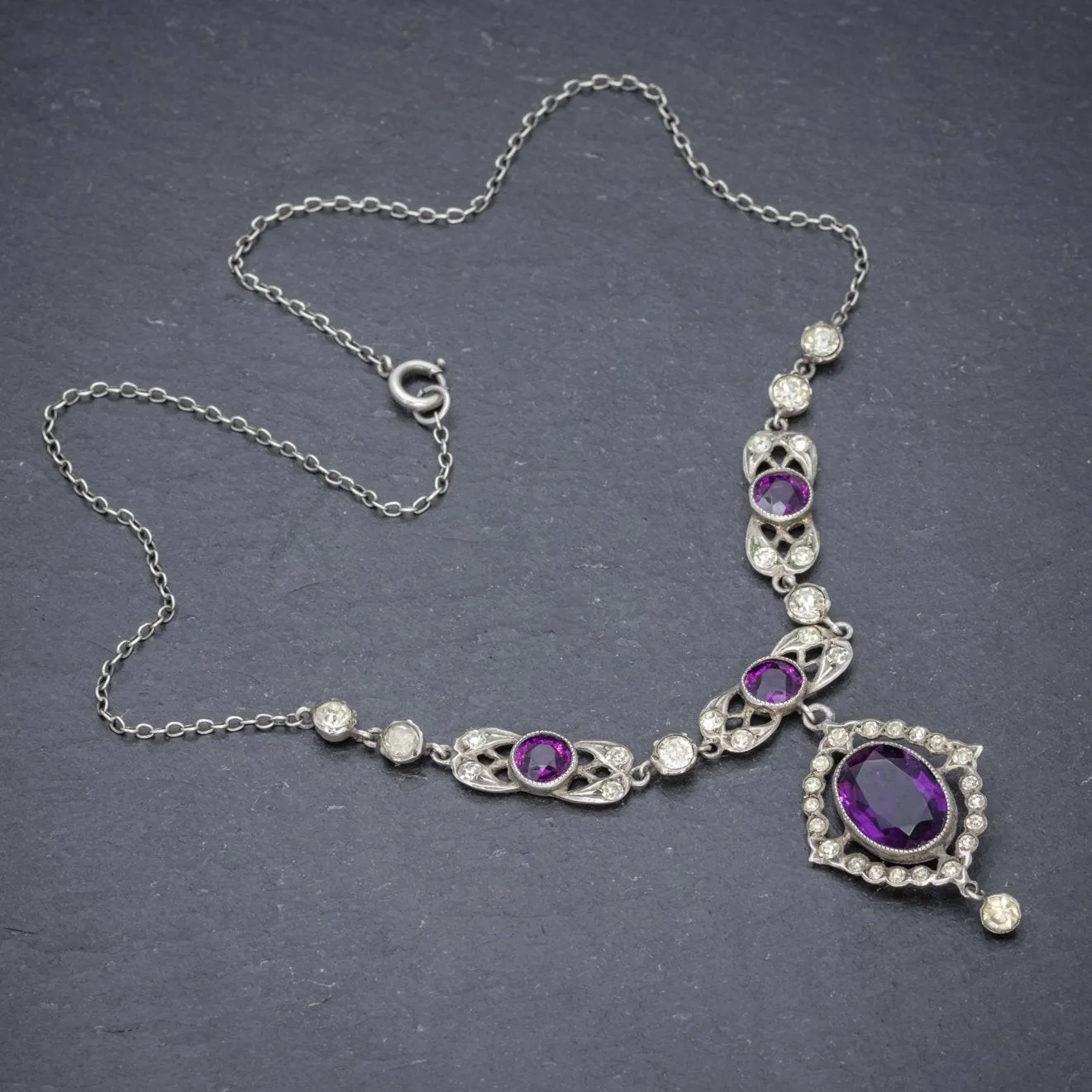 Antique Edwardian Purple Paste Stone Lavaliere Necklace Silver Circa 1910