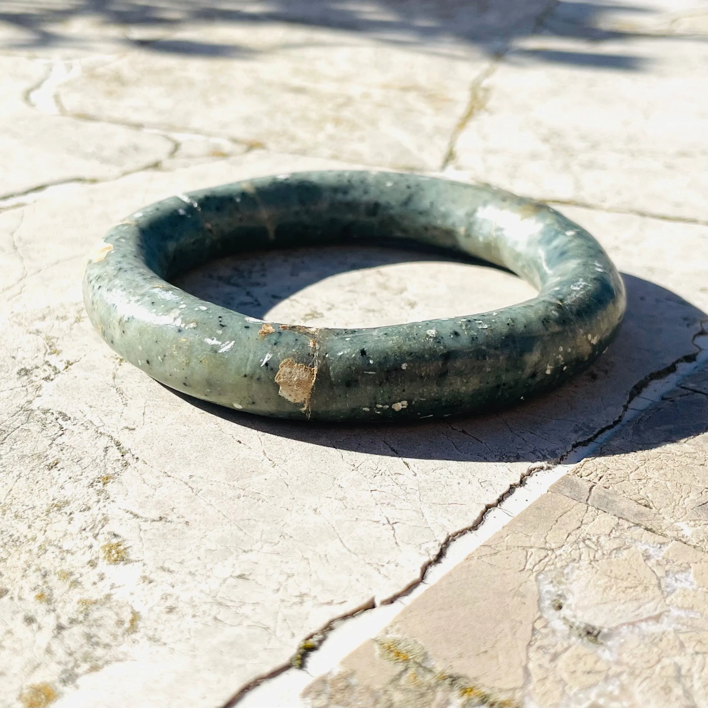 Antique Primitive Tribal Artisan Hand Made Teal Jade Tone Stone Bangle Bracelet