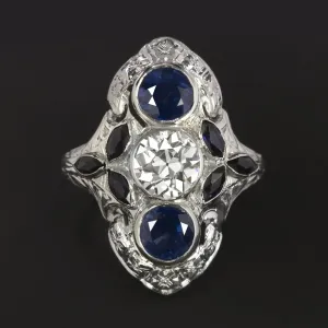 ART DECO DIAMOND SAPPHIRE RING 0.90ct OLD EUROPEAN CUT 18k WHITE GOLD VINTAGE