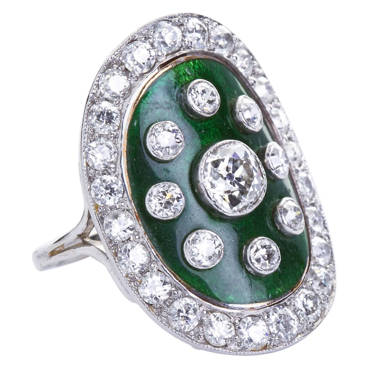 Art Deco Green Enamel Cloisonne Diamond Cocktail Ring