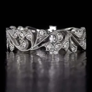 ART NOUVEAU DIAMOND FLORAL WEDDING BAND COCKTAIL RING VINTAGE STYLE ETERNITY