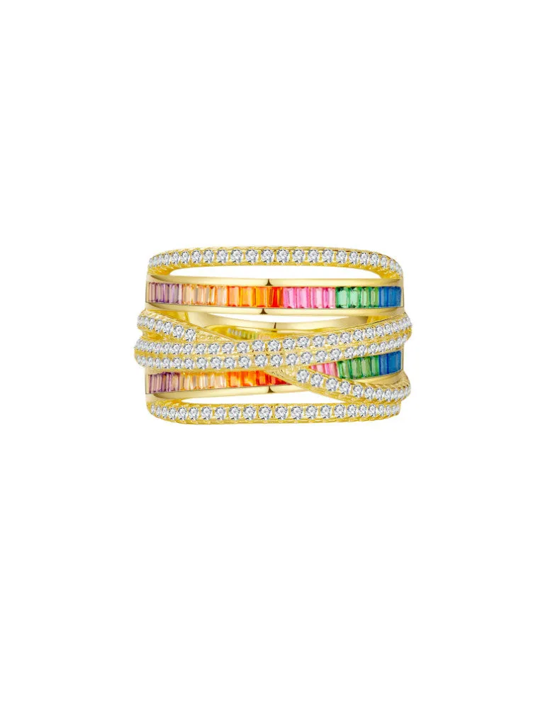 Baguette Stack X Ring .925 Sterling Silver 18K Gold Plated Zircon Statement Rings