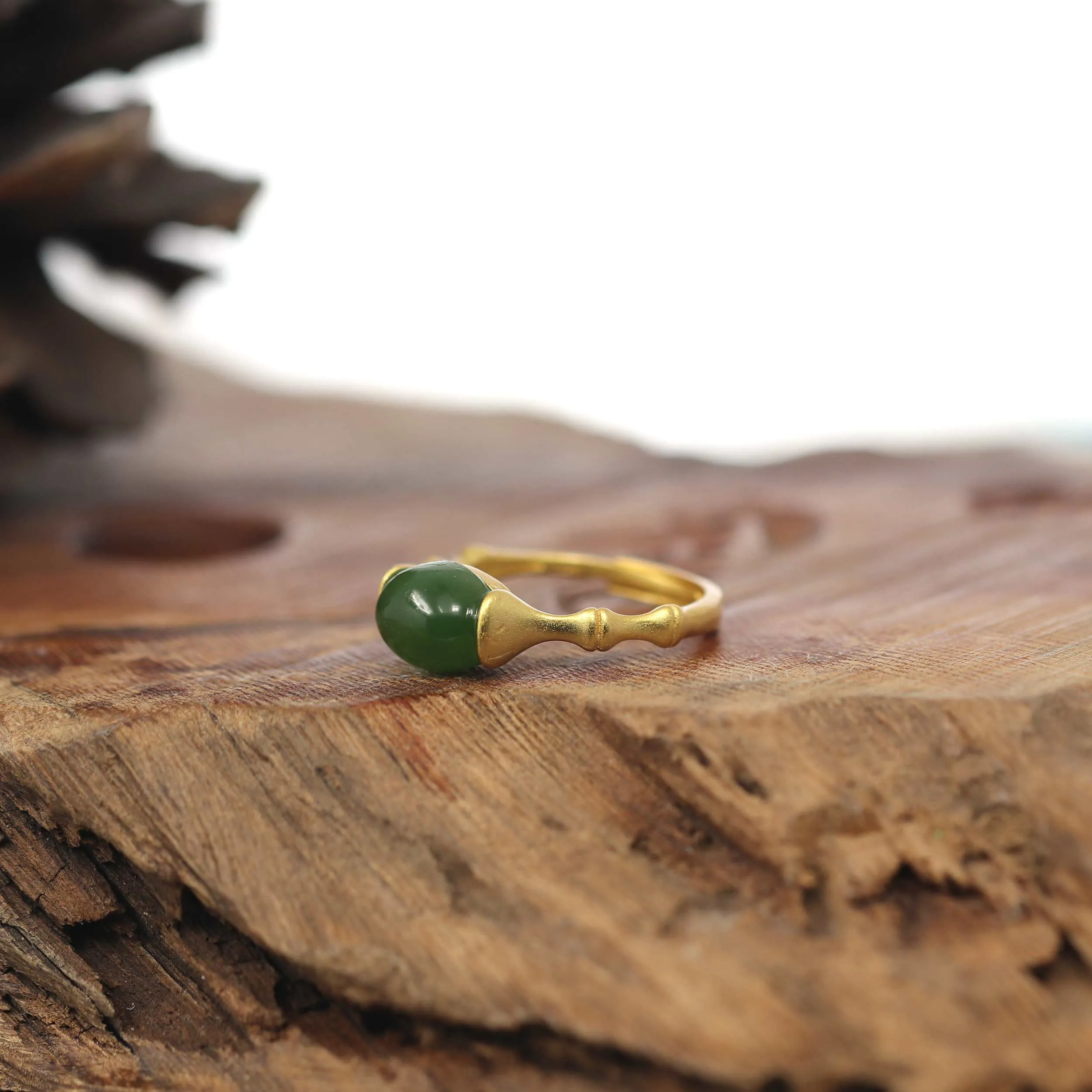 Baikalla™ "Classic Oval Bamboo" Sterling Silver Natural Green Nephrite Jade Adjustable Ring For Her