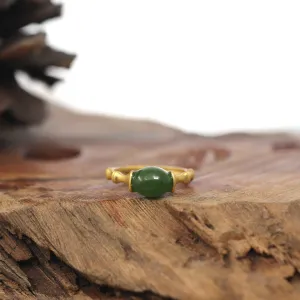 Baikalla™ "Classic Oval Bamboo" Sterling Silver Natural Green Nephrite Jade Adjustable Ring For Her