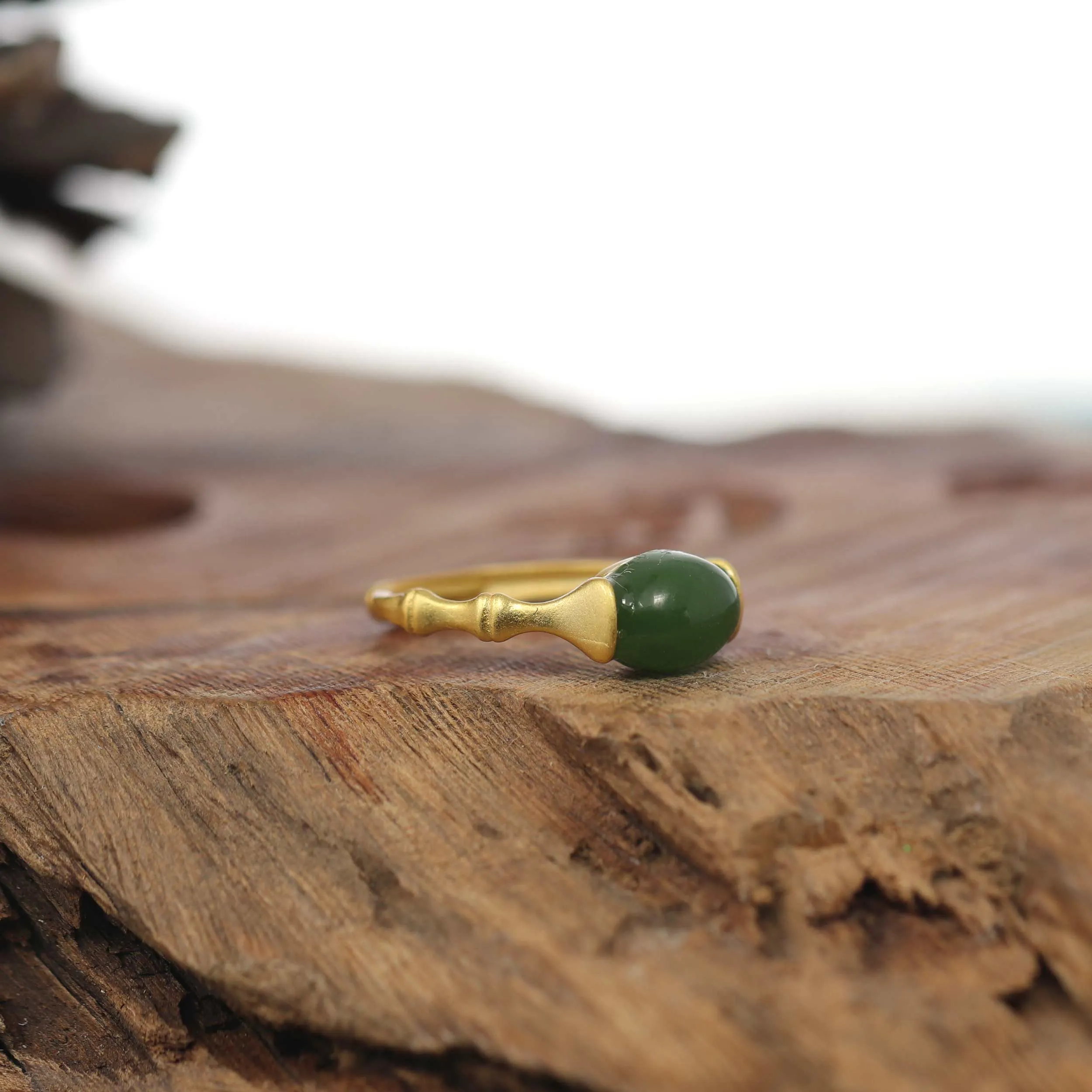 Baikalla™ "Classic Oval Bamboo" Sterling Silver Natural Green Nephrite Jade Adjustable Ring For Her