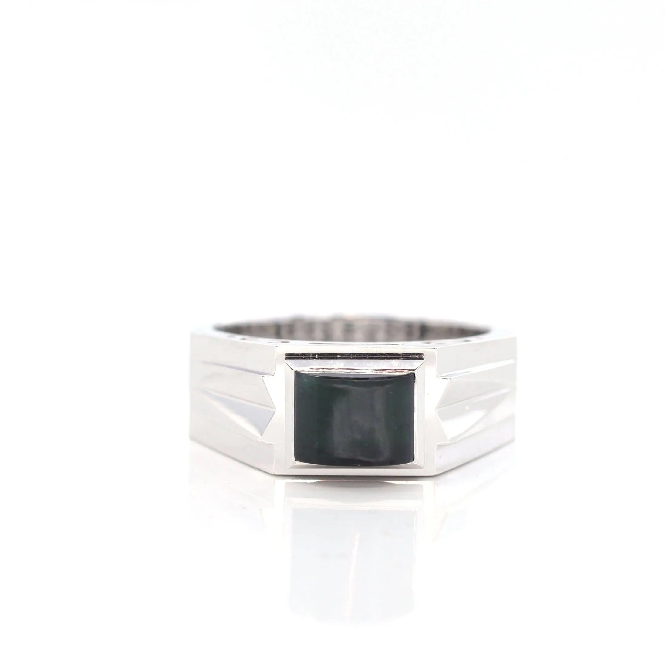 Baikalla™ "Emerald Cabochon" Genuine Burmese Emerald Cut Black Jadeite Jade Ring