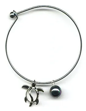 Black Mother of Pearl and Honu Charm Bangle Bracelet