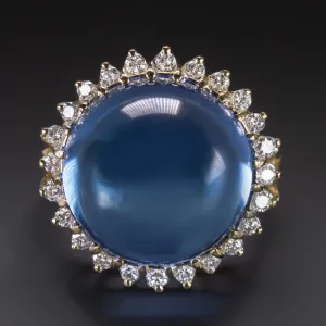 BLUE TOPAZ DIAMOND COCKTAIL RING BIG STATEMENT ROUND CABOCHON 14k YELLOW GOLD