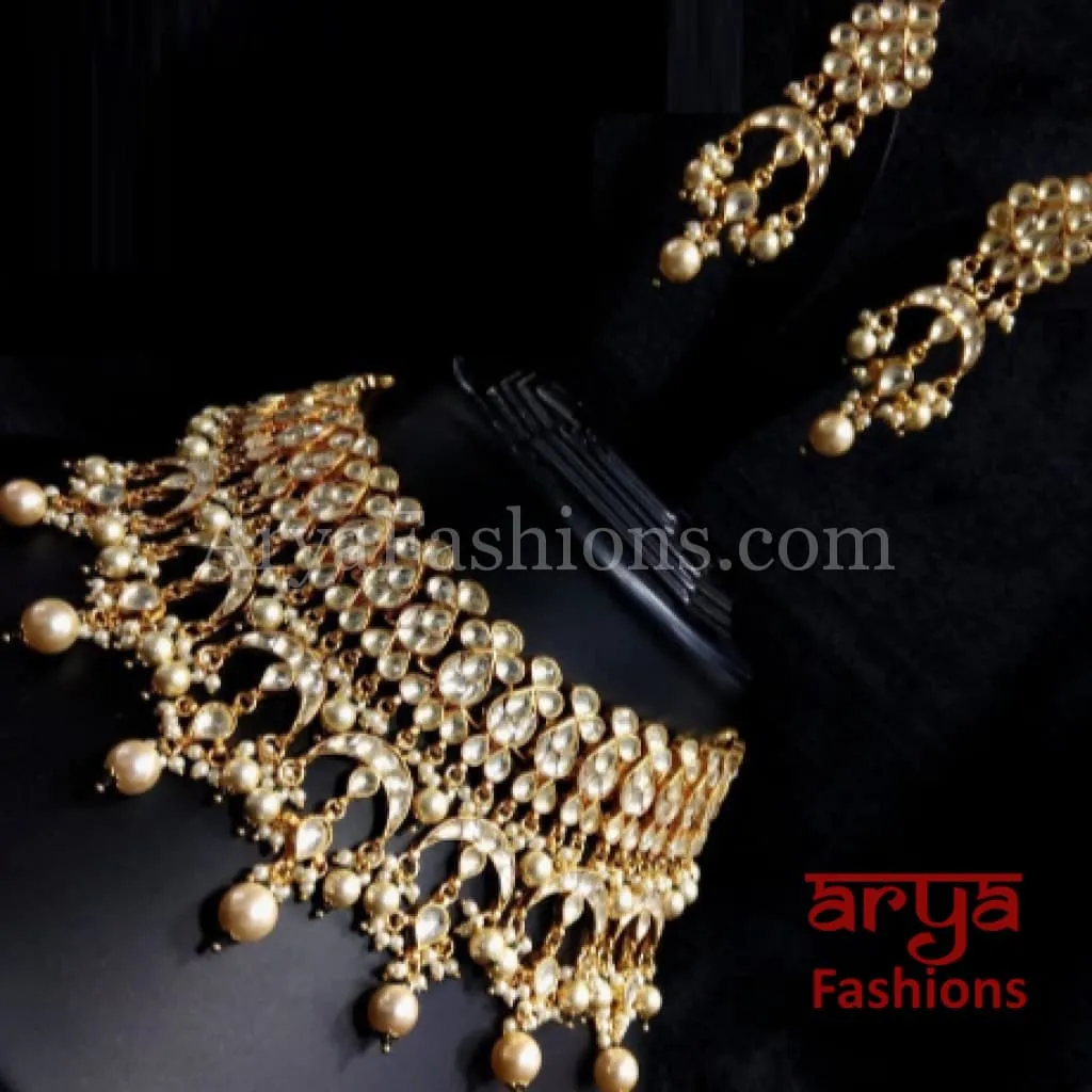 Bridal Choker Style Kundan Necklace with Pearl Drops