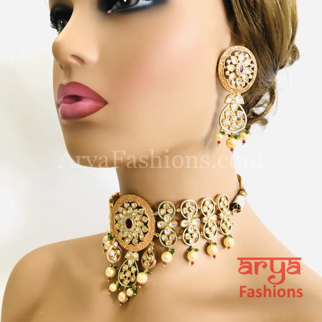 Bridal Pearl Kundan Choker Necklace in Geru Meenakari, India Wedding Jewelry