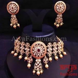 Bridal Pearl Kundan Choker Necklace in Geru Meenakari, India Wedding Jewelry