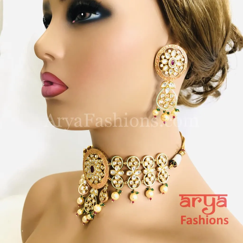 Bridal Pearl Kundan Choker Necklace in Geru Meenakari, India Wedding Jewelry