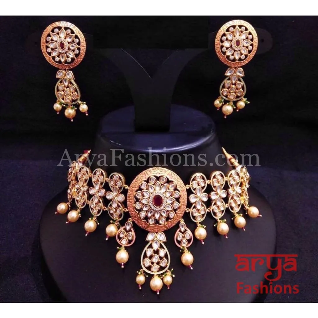 Bridal Pearl Kundan Choker Necklace in Geru Meenakari, India Wedding Jewelry