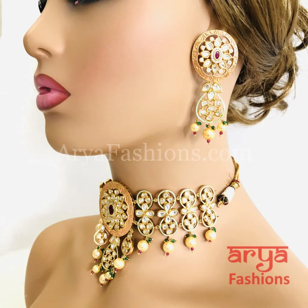 Bridal Pearl Kundan Choker Necklace in Geru Meenakari, India Wedding Jewelry