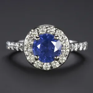 CEYLON SAPPHIRE DIAMOND HALO RING ENGAGEMENT NATURAL ROUND 14k WHITE GOLD BLUE