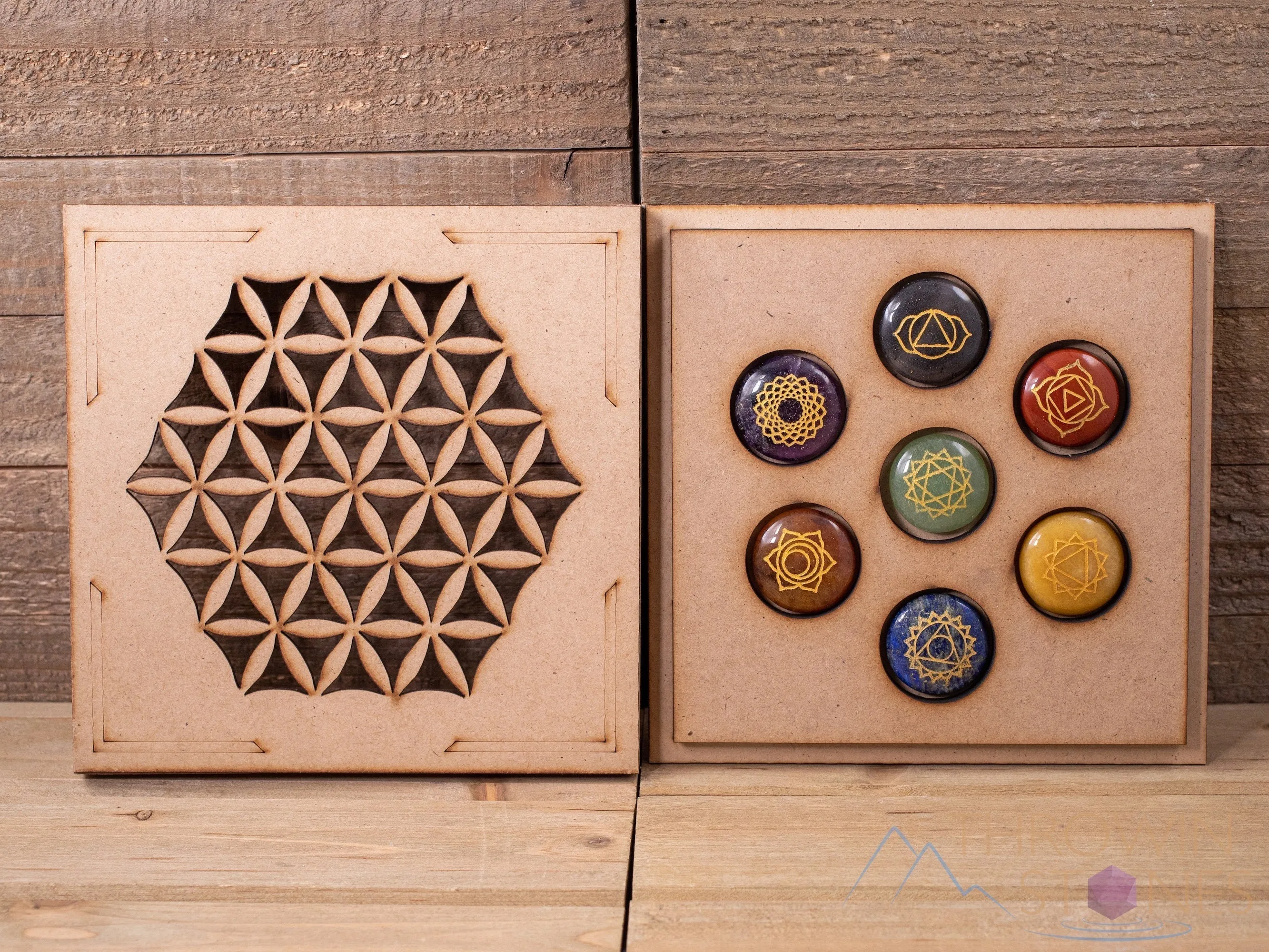 CHAKRA Crystals in Crystal Grid Board Wooden Box - Flower of Life - Healing Crystals Set, Self Care Box, Beginner Crystal Kit, E1757