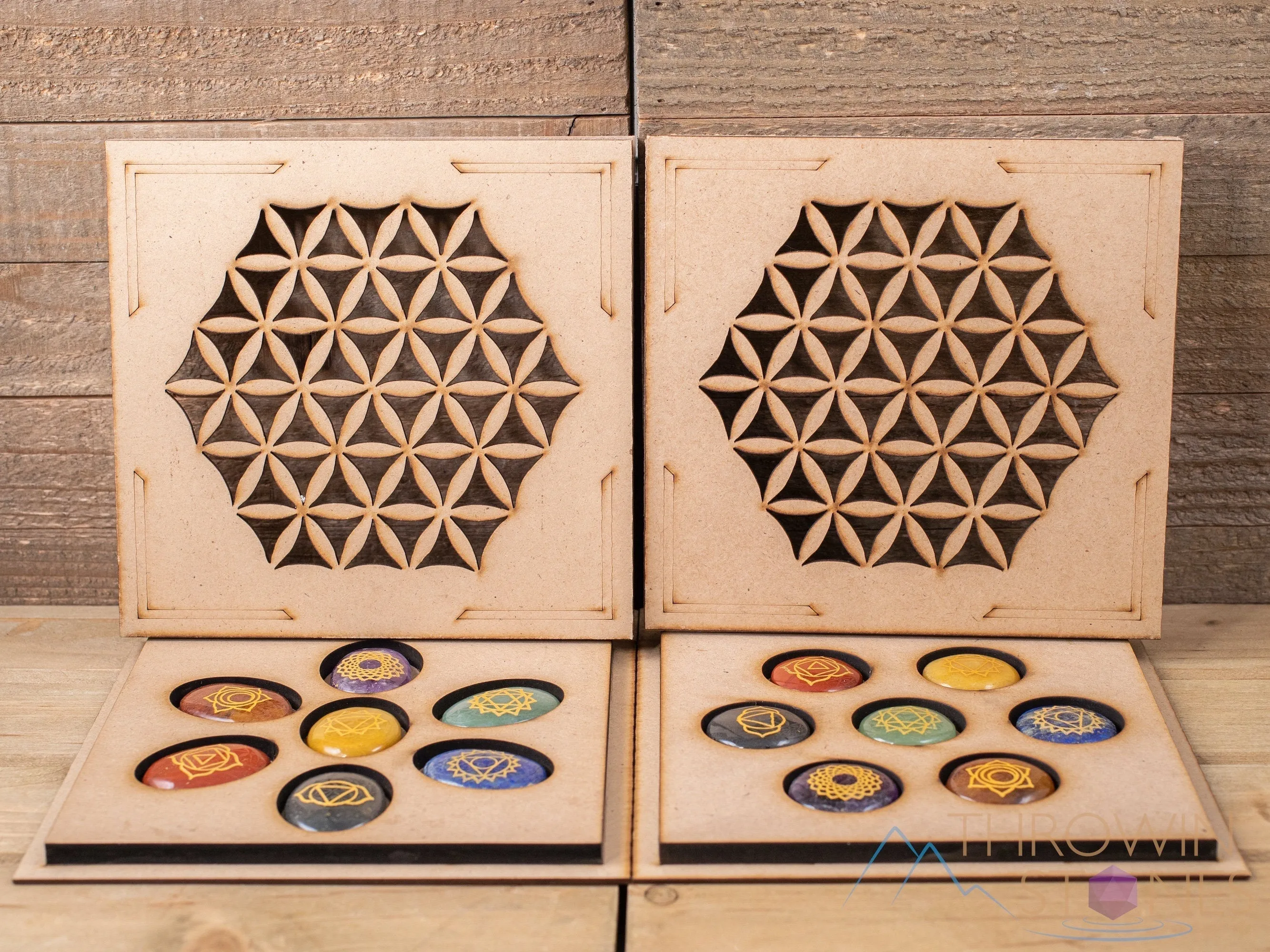 CHAKRA Crystals in Crystal Grid Board Wooden Box - Flower of Life - Healing Crystals Set, Self Care Box, Beginner Crystal Kit, E1757