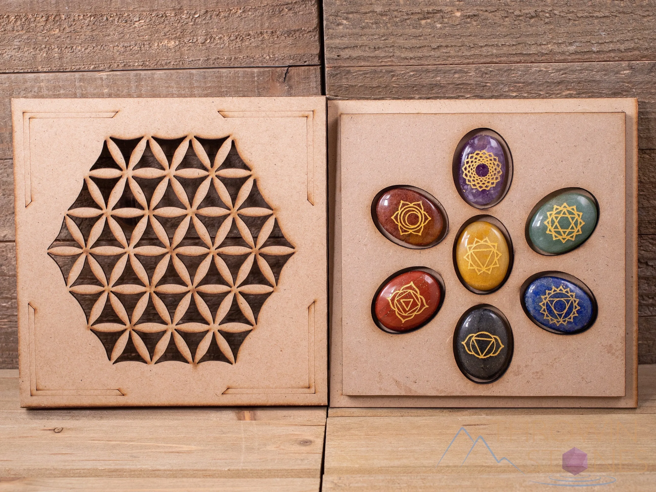 CHAKRA Crystals in Crystal Grid Board Wooden Box - Flower of Life - Healing Crystals Set, Self Care Box, Beginner Crystal Kit, E1757