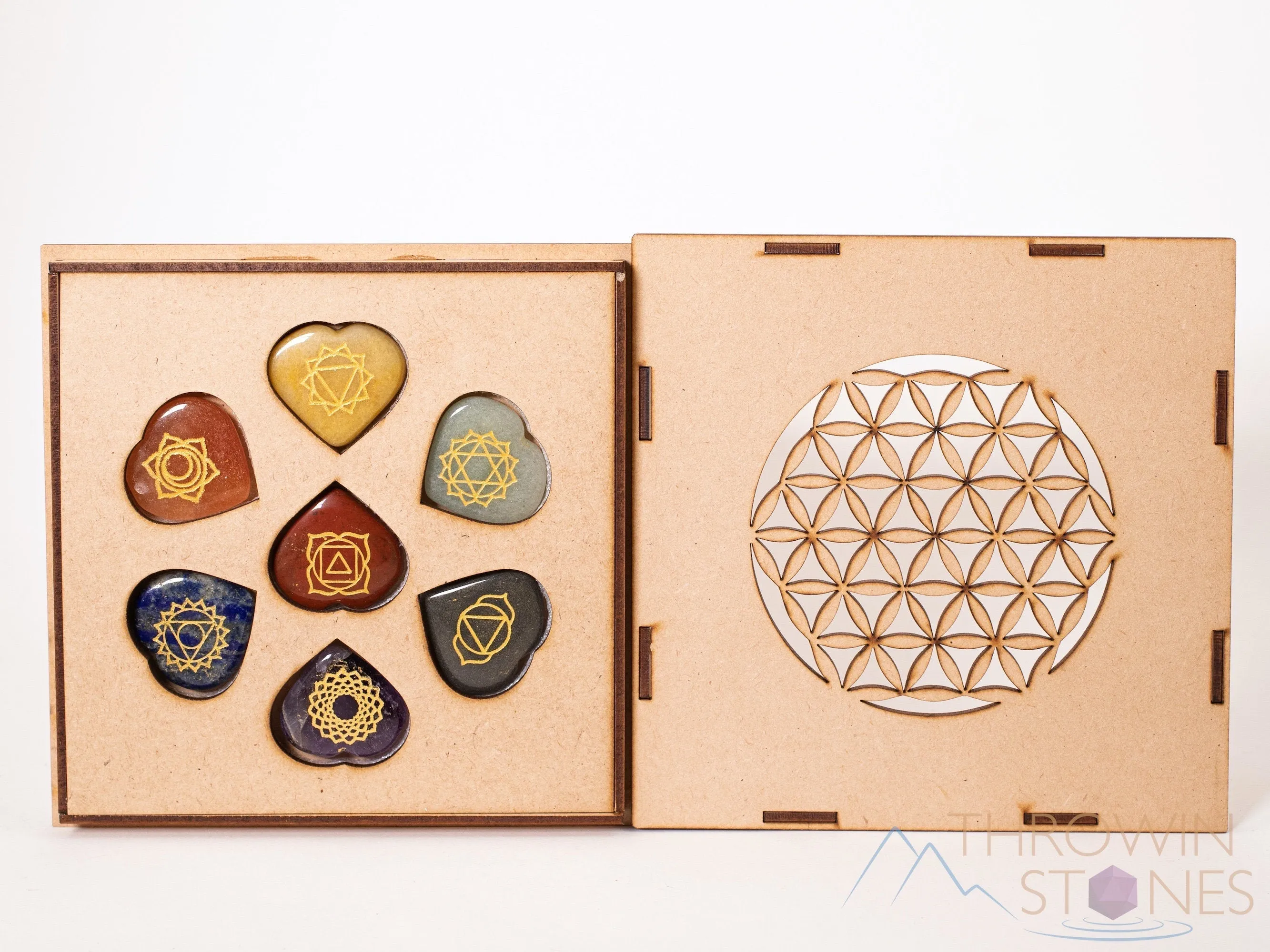 CHAKRA Crystals in Crystal Grid Board Wooden Box - Flower of Life - Healing Crystals Set, Self Care Box, Beginner Crystal Kit, E1757