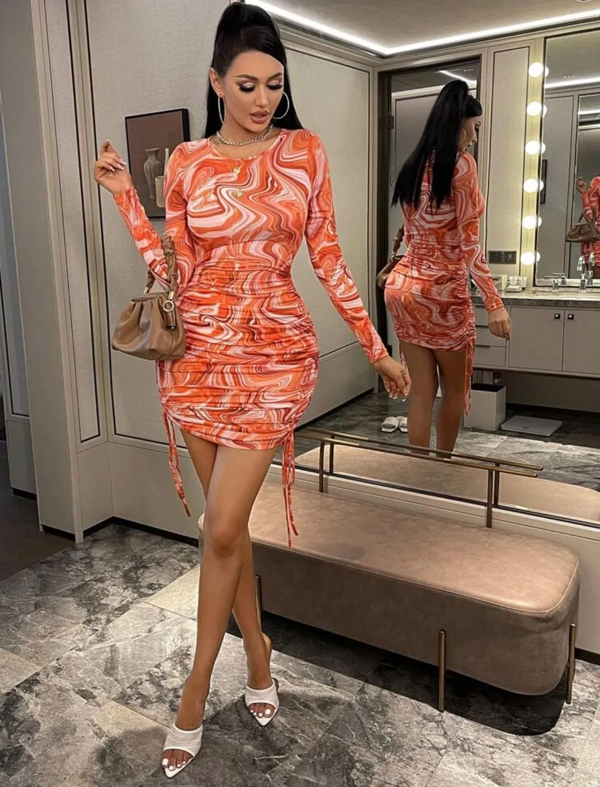 Coral Marble Print Long Sleeve Choker Neck Ruched Dress