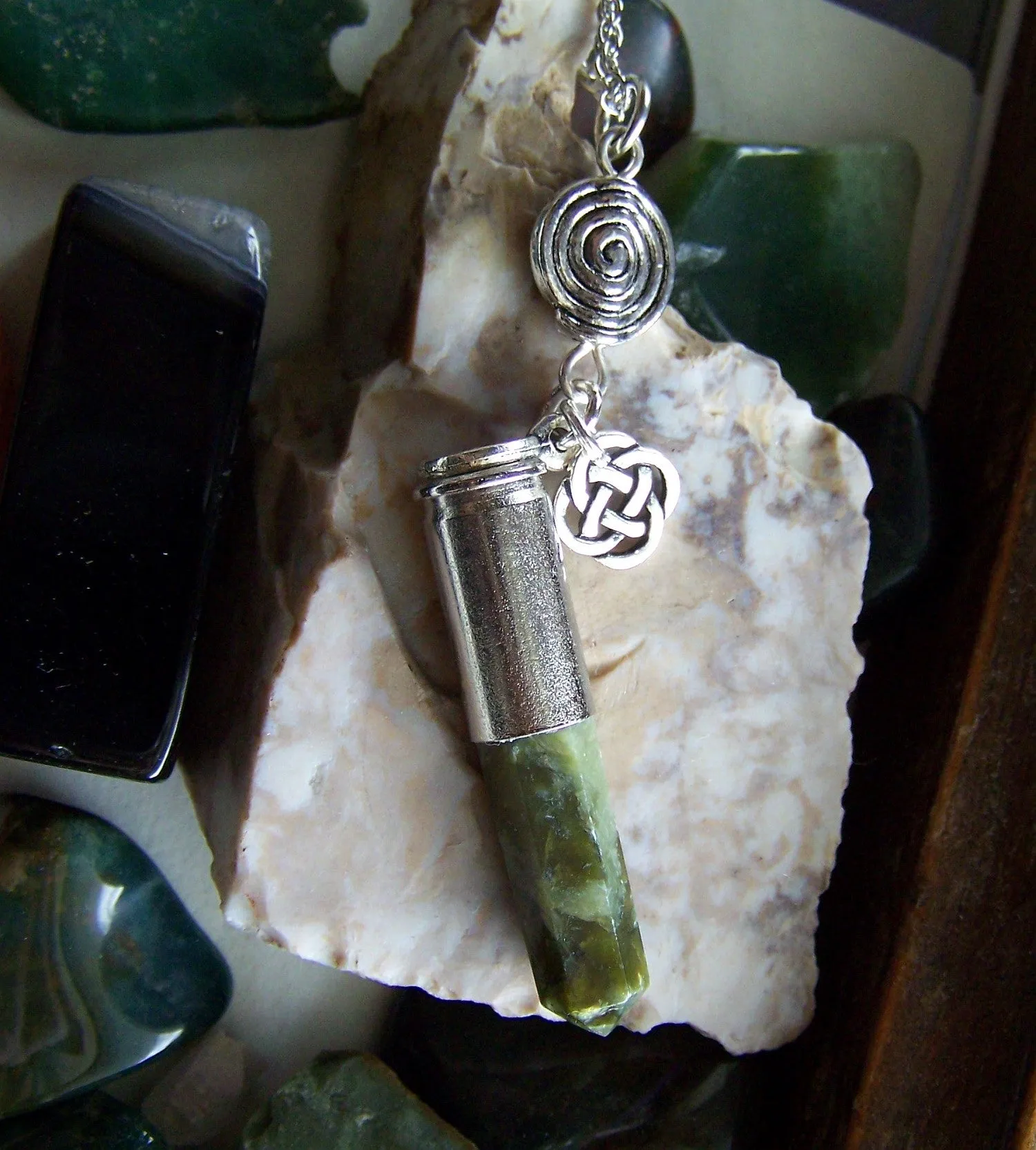 Green Jade Celtic Spiral Bullet Pendant Necklace