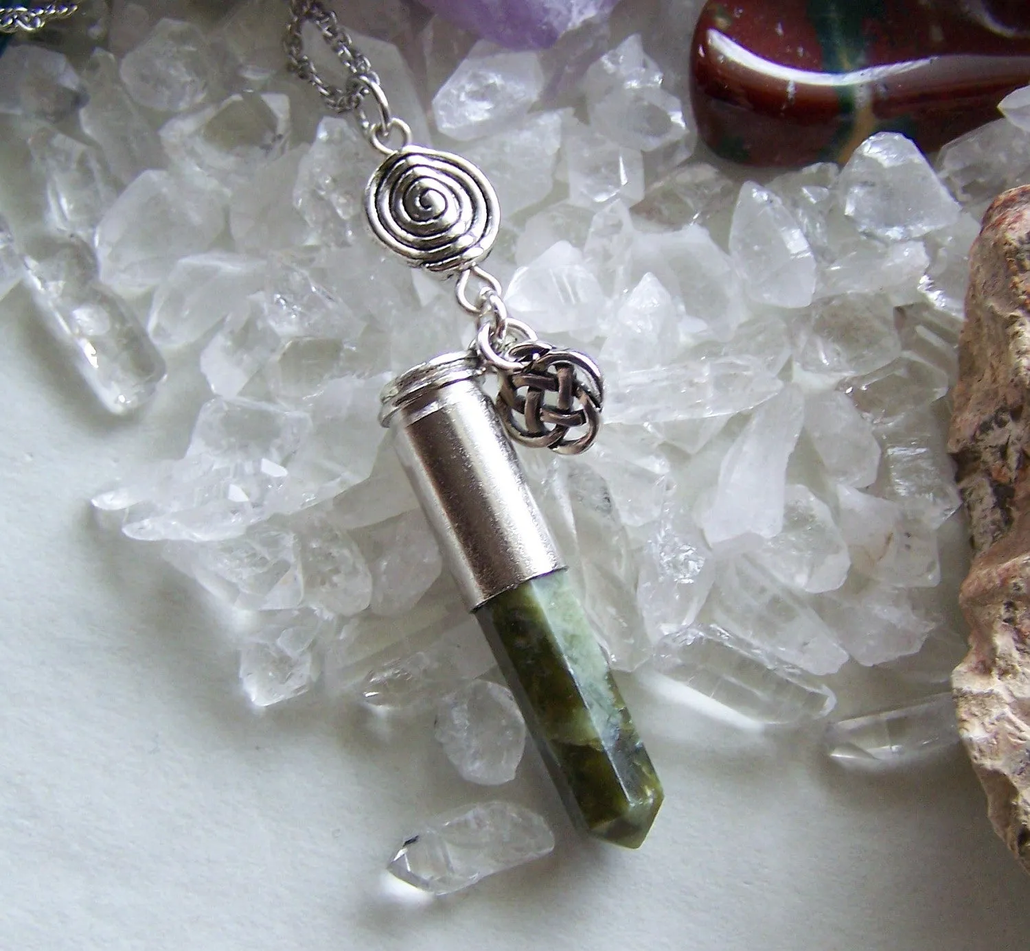 Green Jade Celtic Spiral Bullet Pendant Necklace