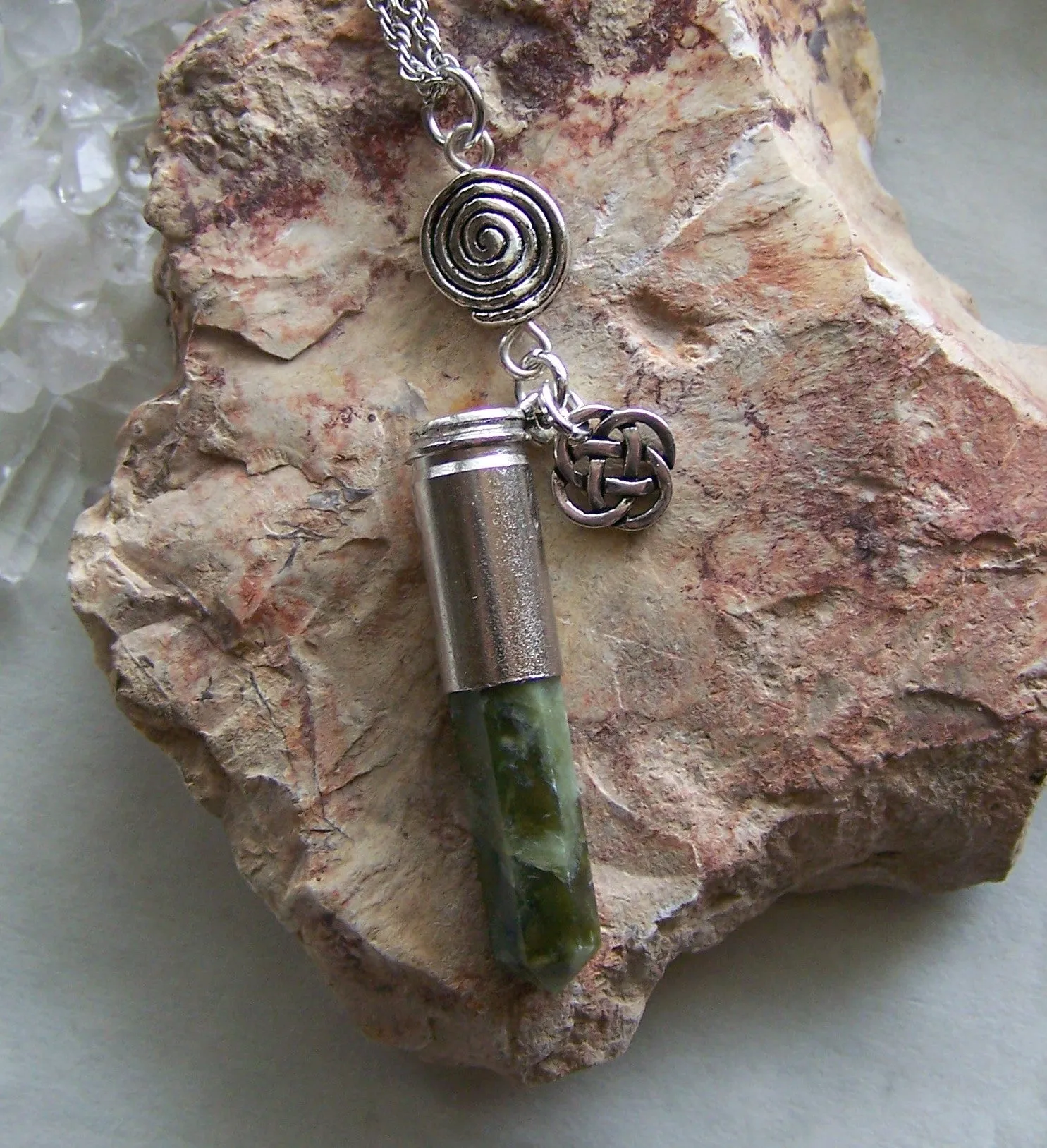 Green Jade Celtic Spiral Bullet Pendant Necklace