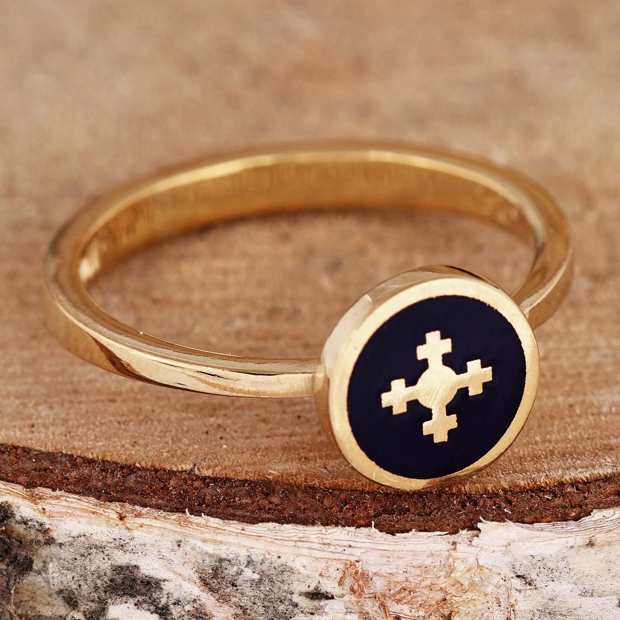 Hand-Painted Navy 18k Gold-Plated Marash Cocktail Ring - Marash Magic | NOVICA