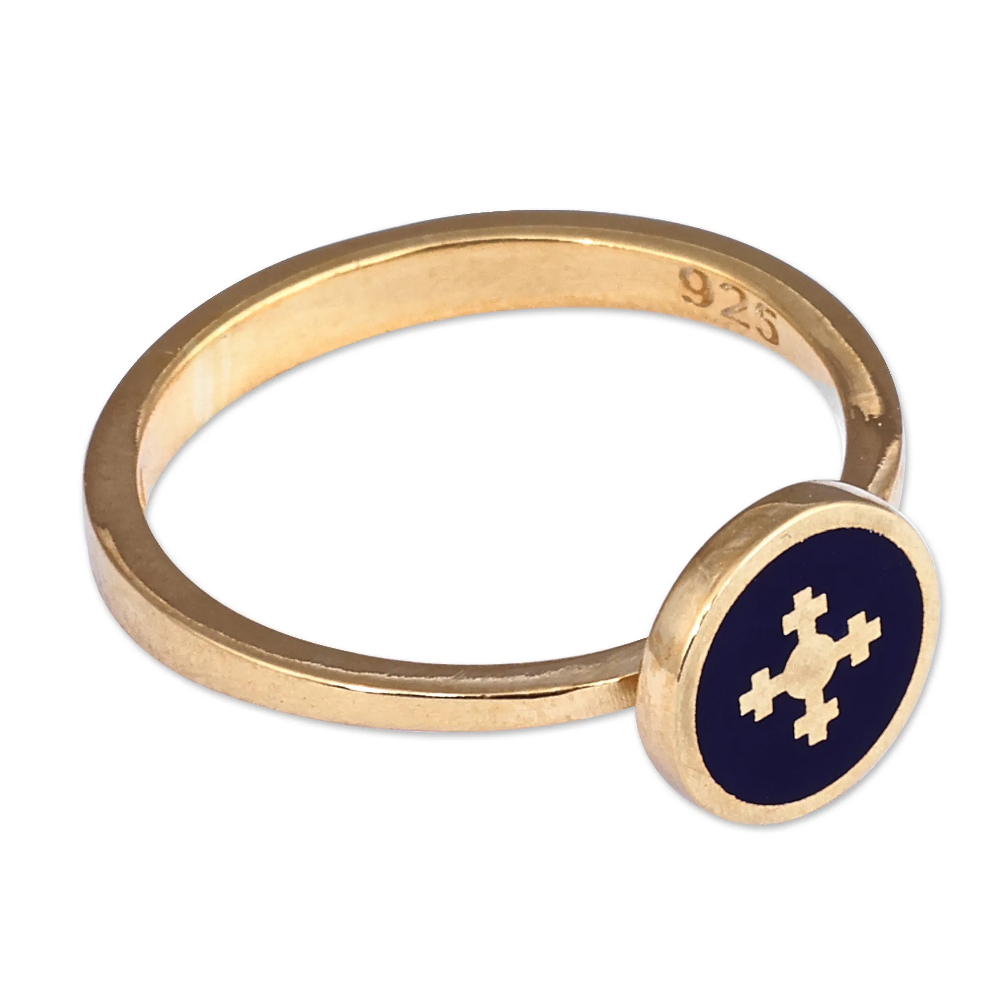 Hand-Painted Navy 18k Gold-Plated Marash Cocktail Ring - Marash Magic | NOVICA