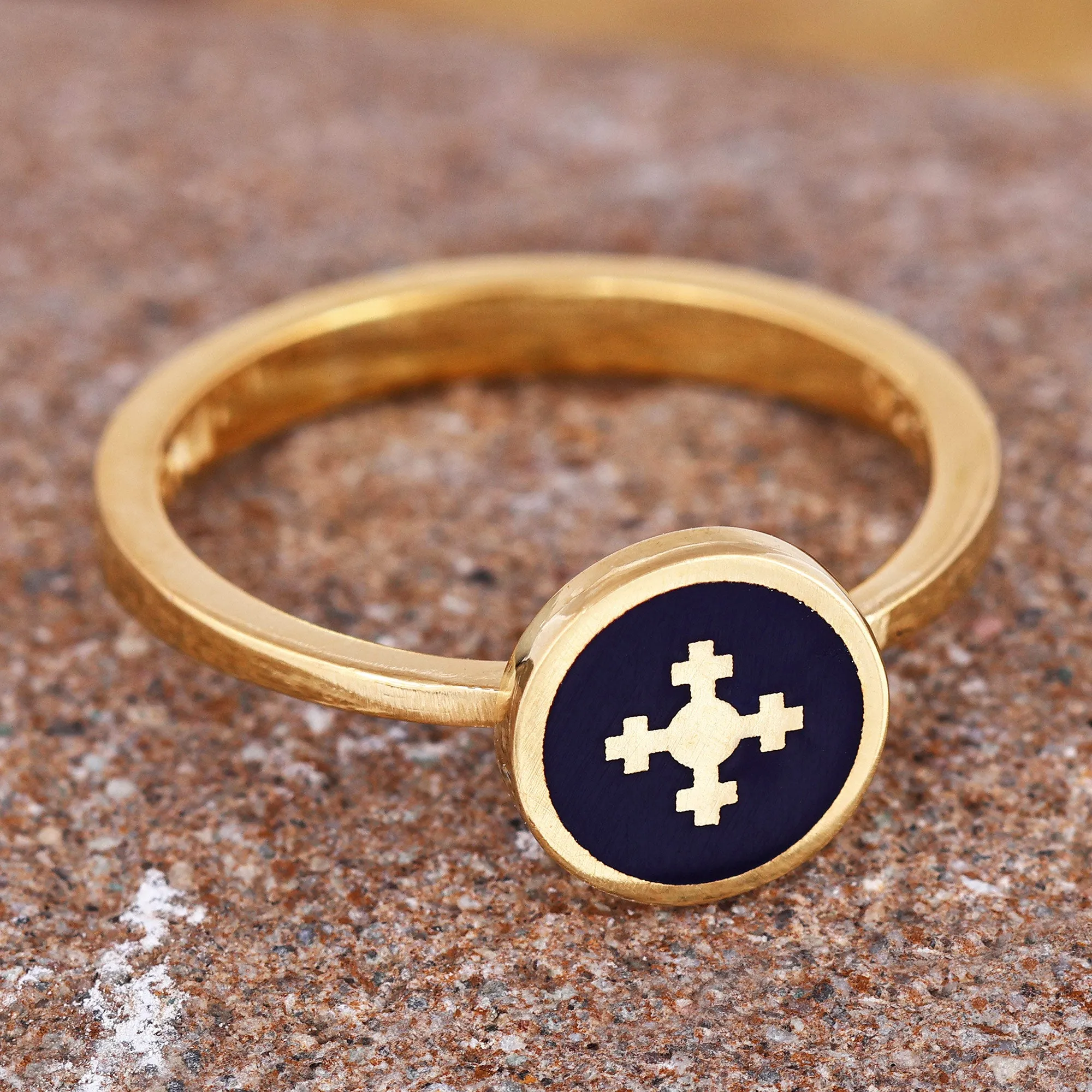 Hand-Painted Navy 18k Gold-Plated Marash Cocktail Ring - Marash Magic | NOVICA