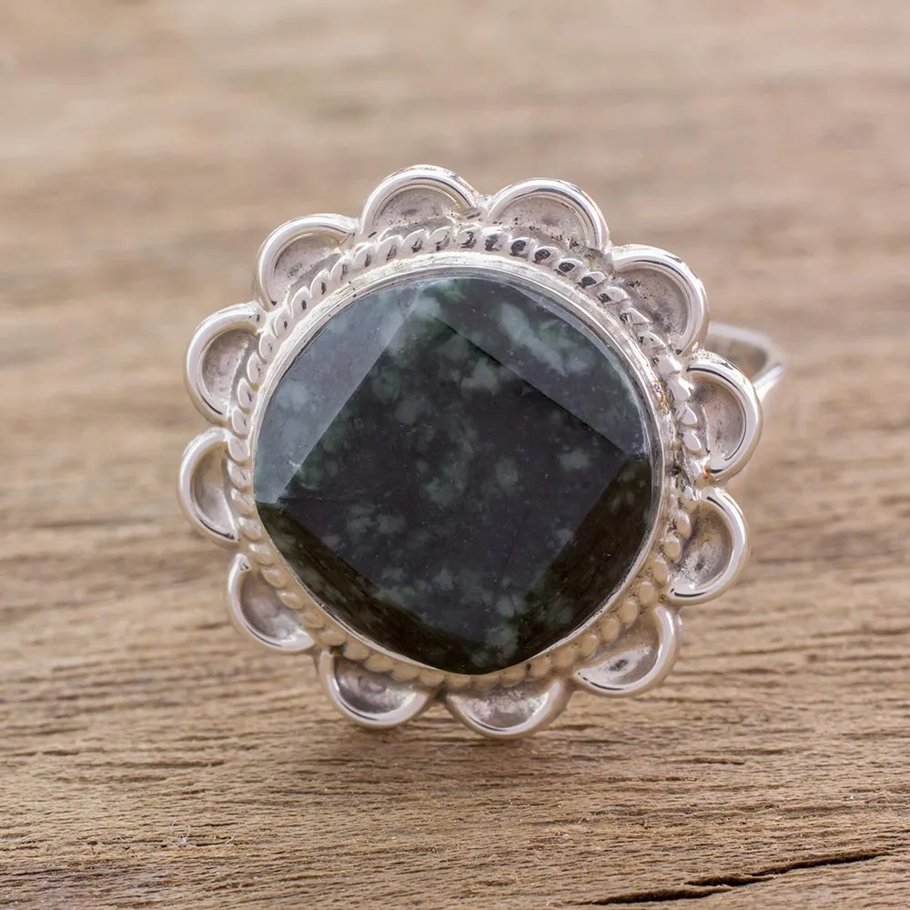 Handcrafted Dark Green Jade and Silver Cocktail Ring - Dark Moon Aura | NOVICA