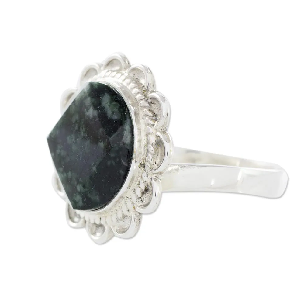 Handcrafted Dark Green Jade and Silver Cocktail Ring - Dark Moon Aura | NOVICA