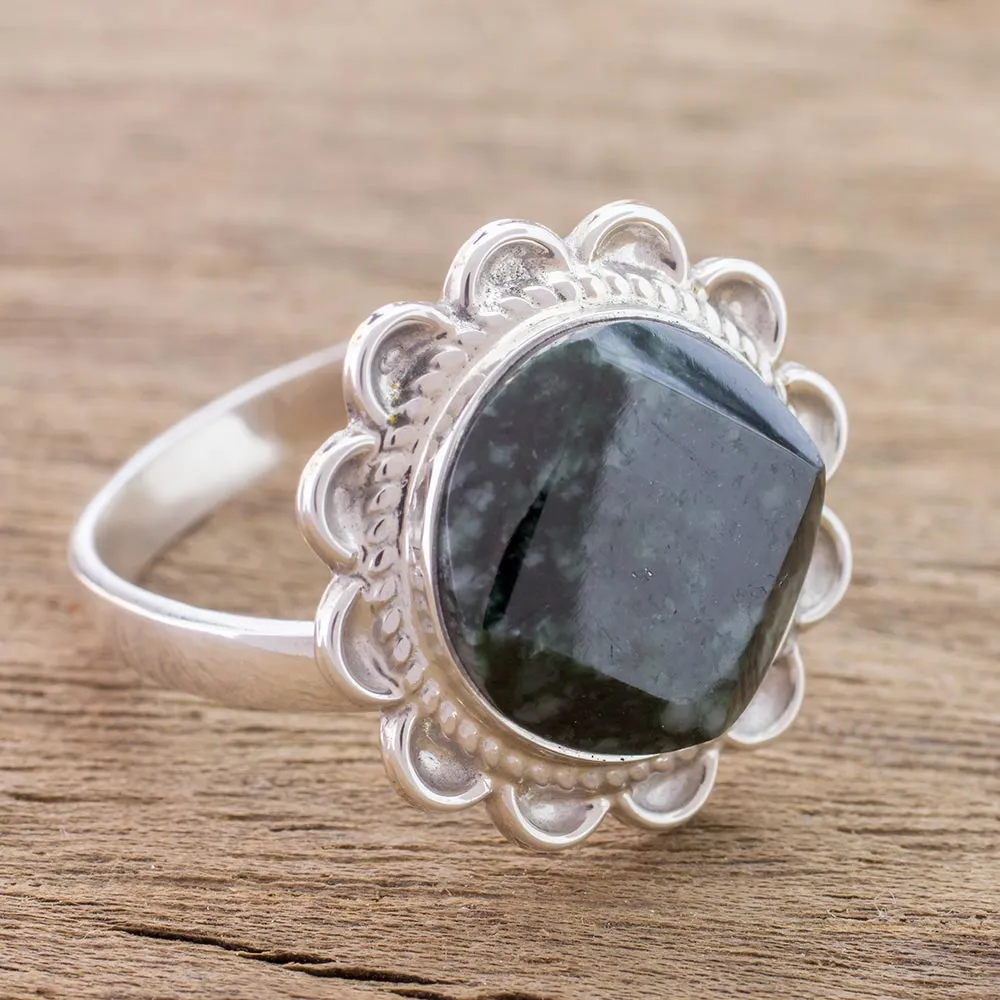 Handcrafted Dark Green Jade and Silver Cocktail Ring - Dark Moon Aura | NOVICA