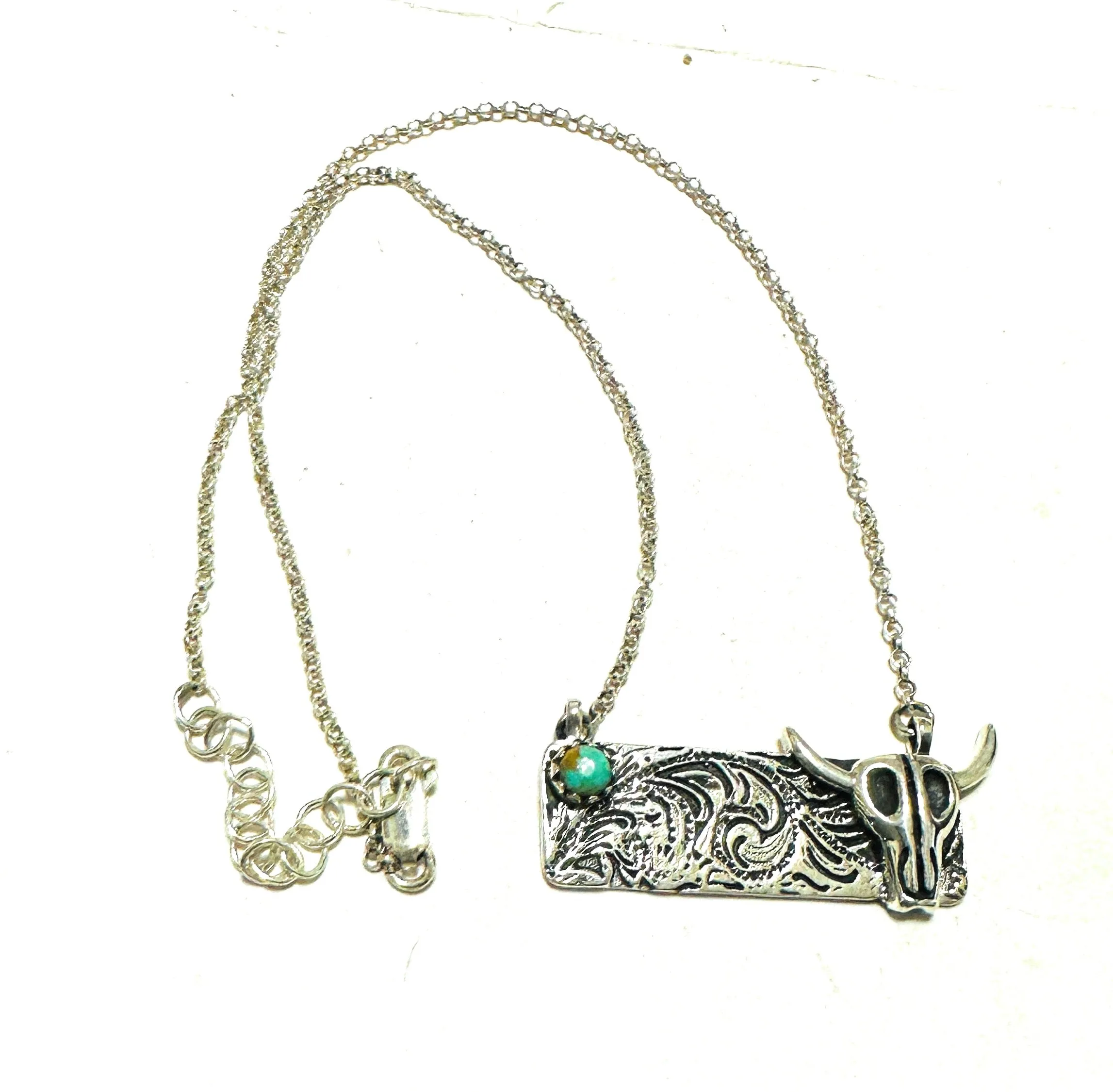 Handmade Sterling Silver & Turquoise Bullhead Bar Necklace