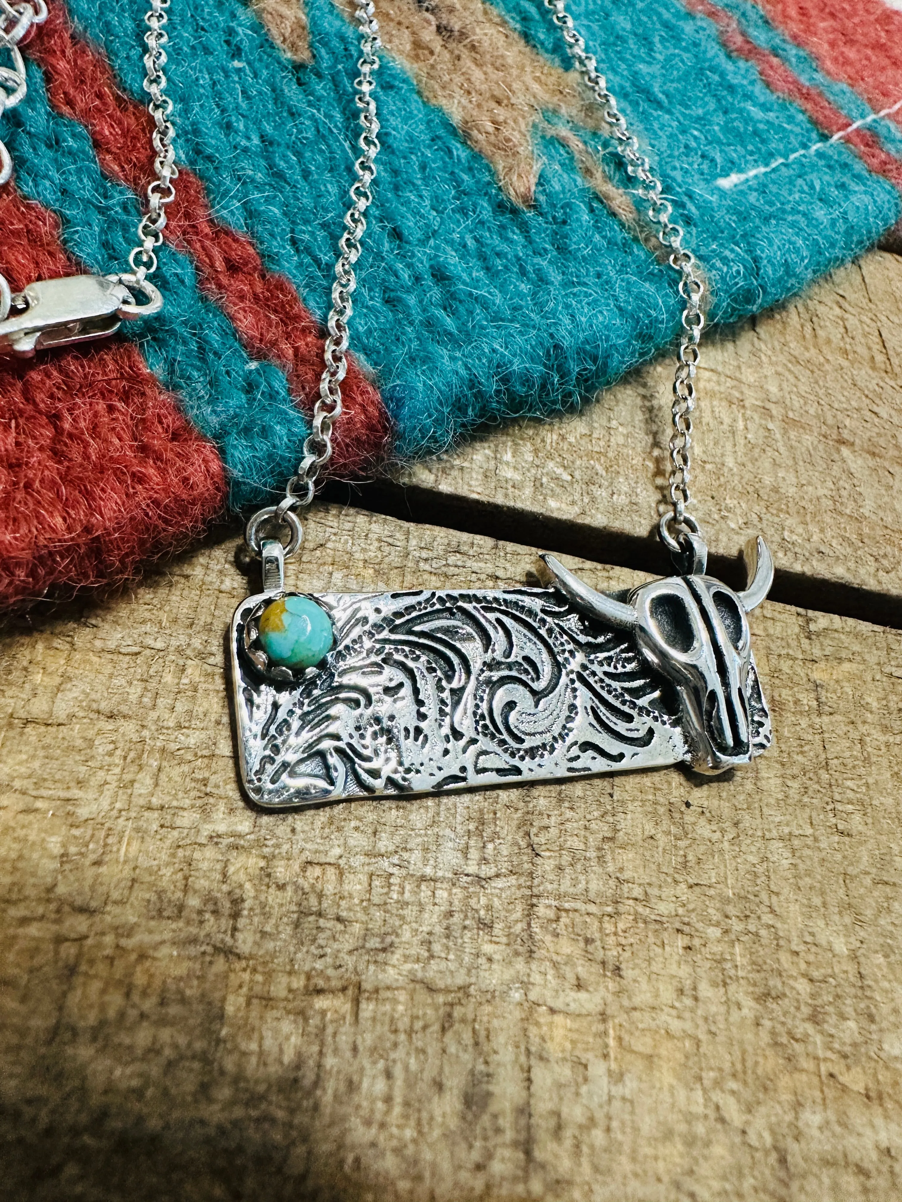 Handmade Sterling Silver & Turquoise Bullhead Bar Necklace