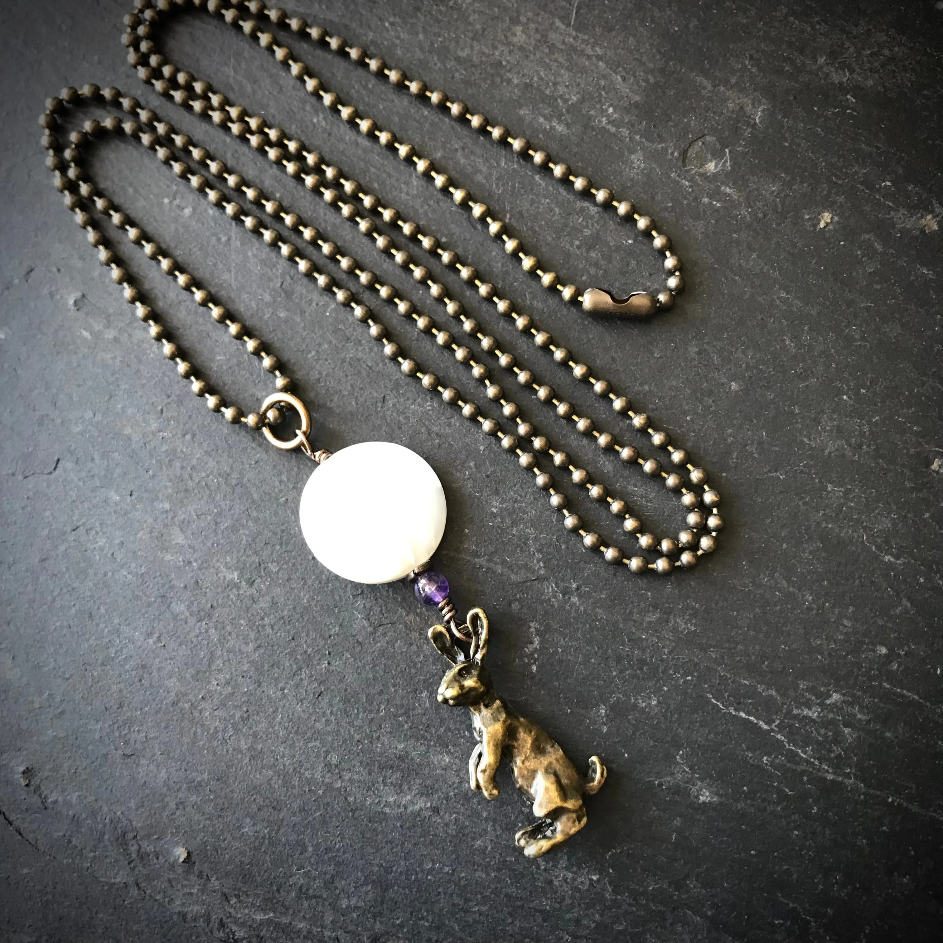 Hare and Moon Pendant Necklace in Brass