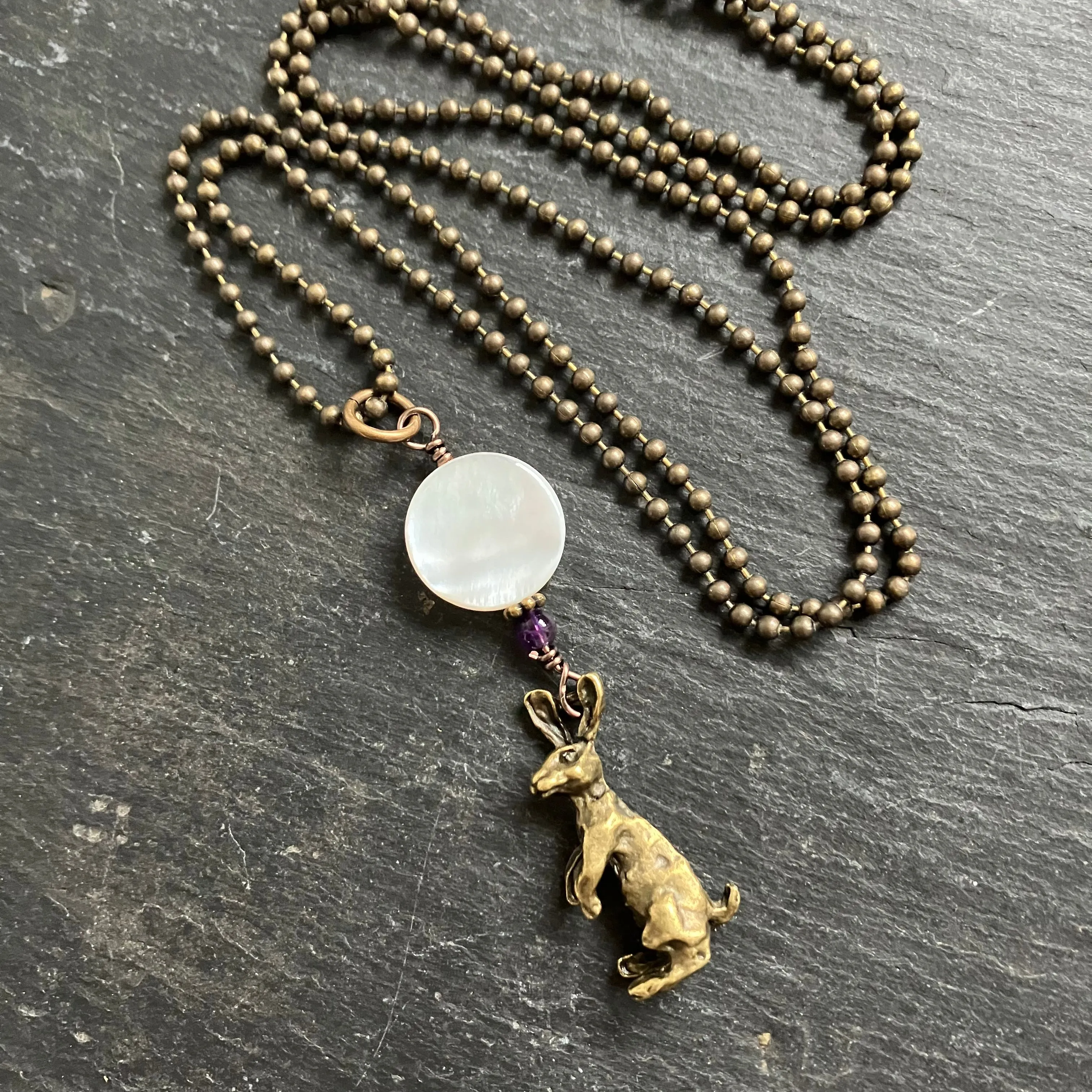 Hare and Moon Pendant Necklace in Brass