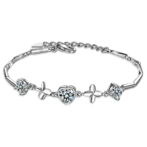 Heart Zircon Lucky Clover Silver Bracelet for Women