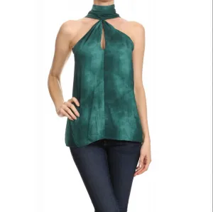 High NeckTie Dye Keyhole Top, Emerald