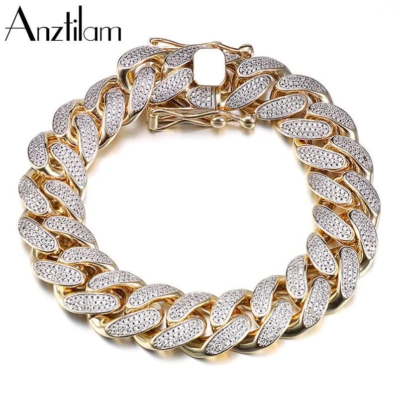 HIP HOP High-Quality Iced Out Bracelet Paved Bling Zircon Stone Gold Cuban Link Chain for Free Shipping