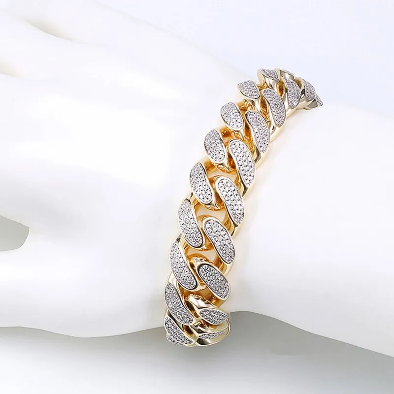 HIP HOP High-Quality Iced Out Bracelet Paved Bling Zircon Stone Gold Cuban Link Chain for Free Shipping