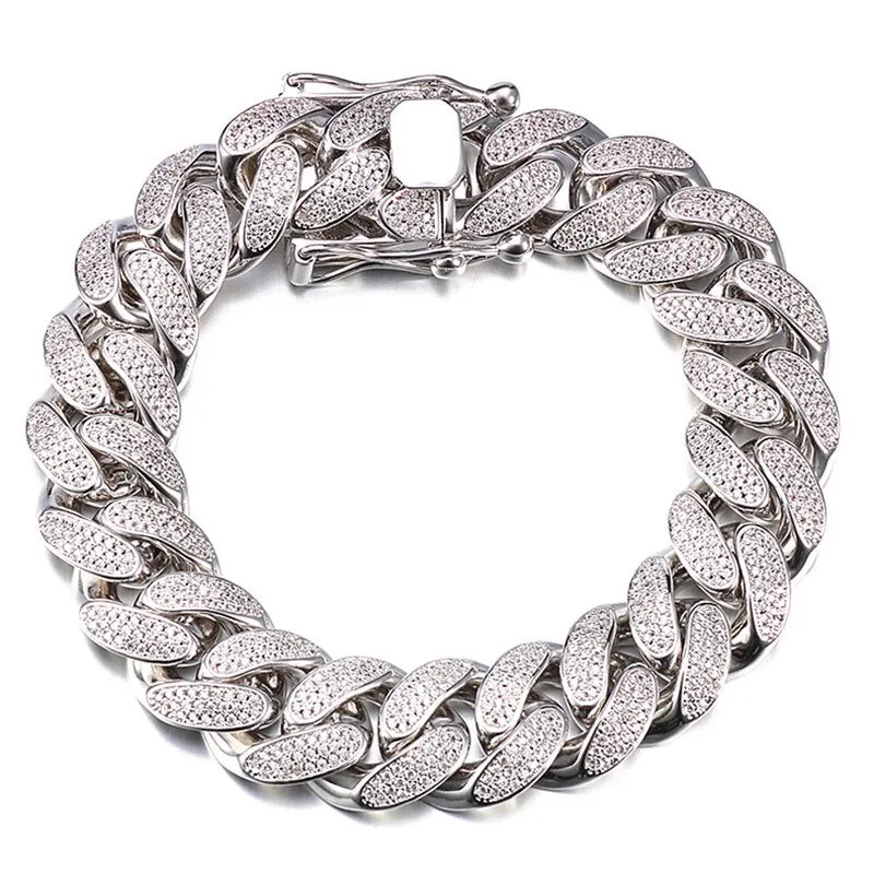 HIP HOP High-Quality Iced Out Bracelet Paved Bling Zircon Stone Gold Cuban Link Chain for Free Shipping