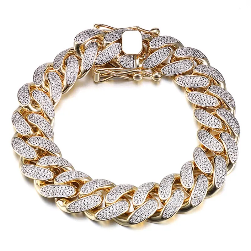 HIP HOP High-Quality Iced Out Bracelet Paved Bling Zircon Stone Gold Cuban Link Chain for Free Shipping