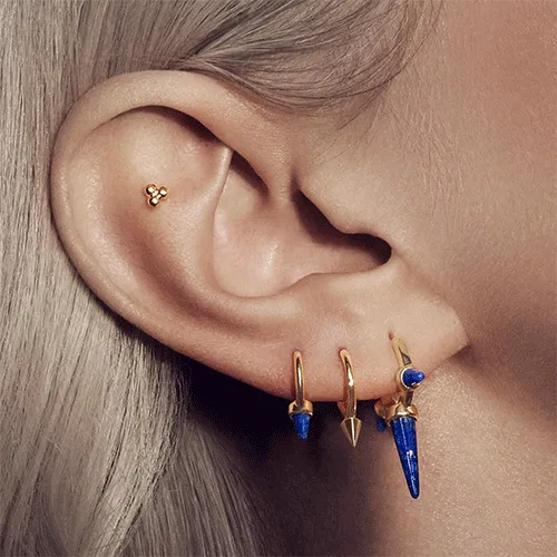 Lapis Triple Long Spike Hoop Earring by Maria Tash in Yellow Gold