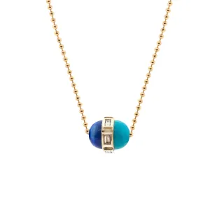 Lapis/Turquoise Pendant With White Diamonds On A Gold Ball Chain Necklace